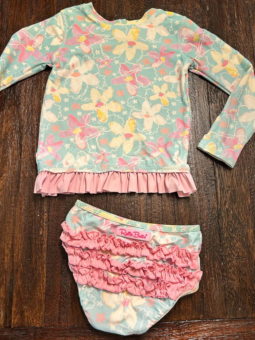 Ruffle Butts Watercolor Floral Rash Guard Two Piece Set - Pink & Mint